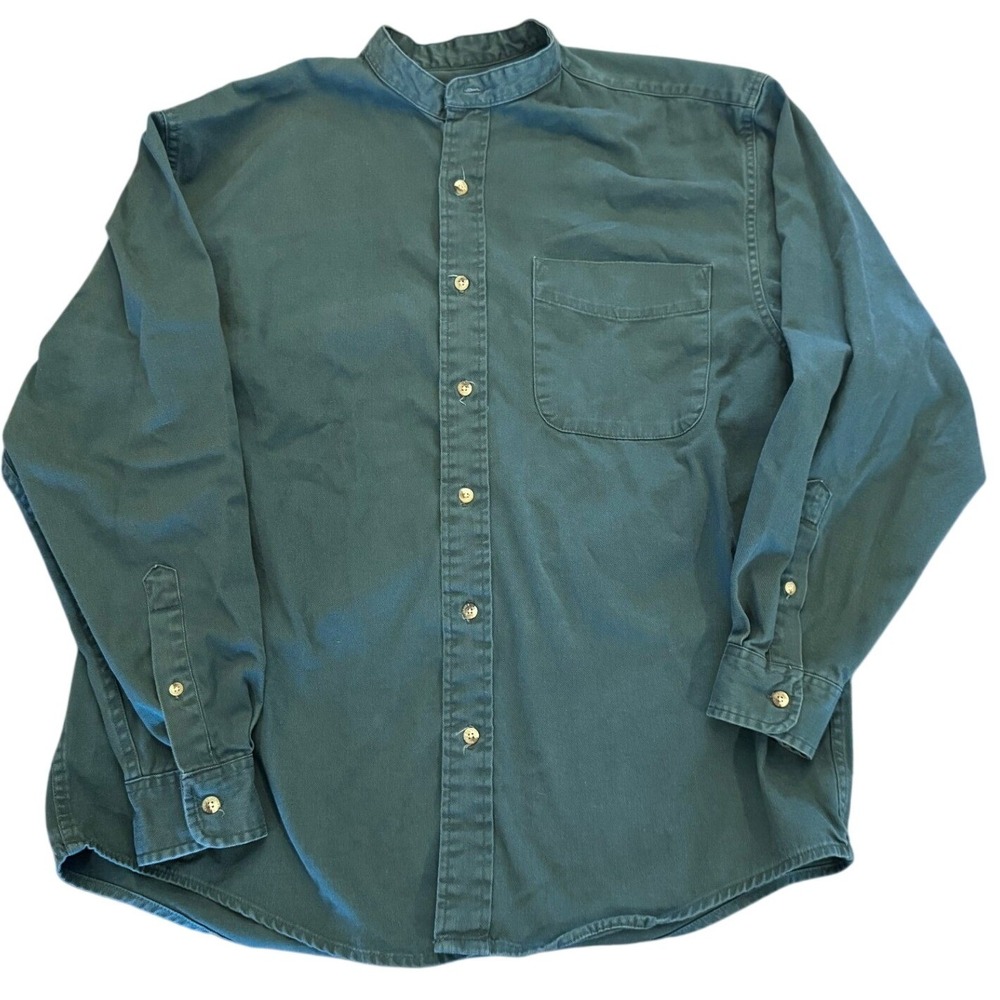 Vintage Eddie Bauer Mens Green Cotton Band Collar Long Sleeve Shirt Size M 93724